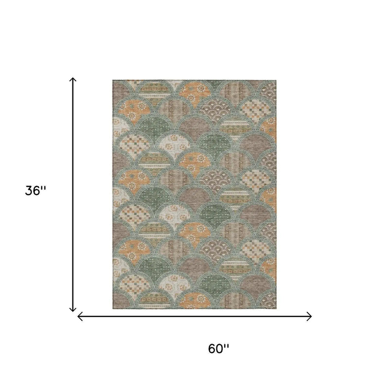 3' X 5' Green And Copper Geometric Washable Indoor Outdoor Area Rug Homeroots Outdoor