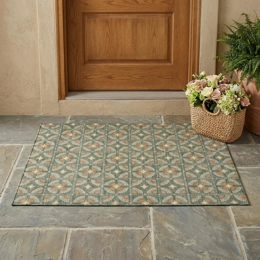3' X 5' Green And Copper Geometric Washable Indoor Outdoor Area Rug Homeroots Outdoor