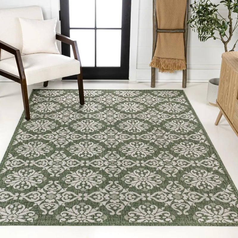 3' X 5' Green And Cream Floral Indoor Outdoor Area Rug - GreatEagleInc