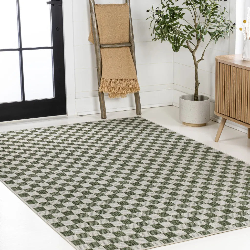 3' X 5' Green And Cream Geometric Indoor Outdoor Area Rug - GreatEagleInc