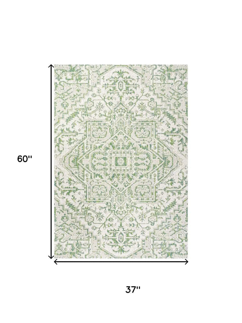 3' X 5' Green And Cream Medallion Indoor Outdoor Area Rug Homeroots Outdoor