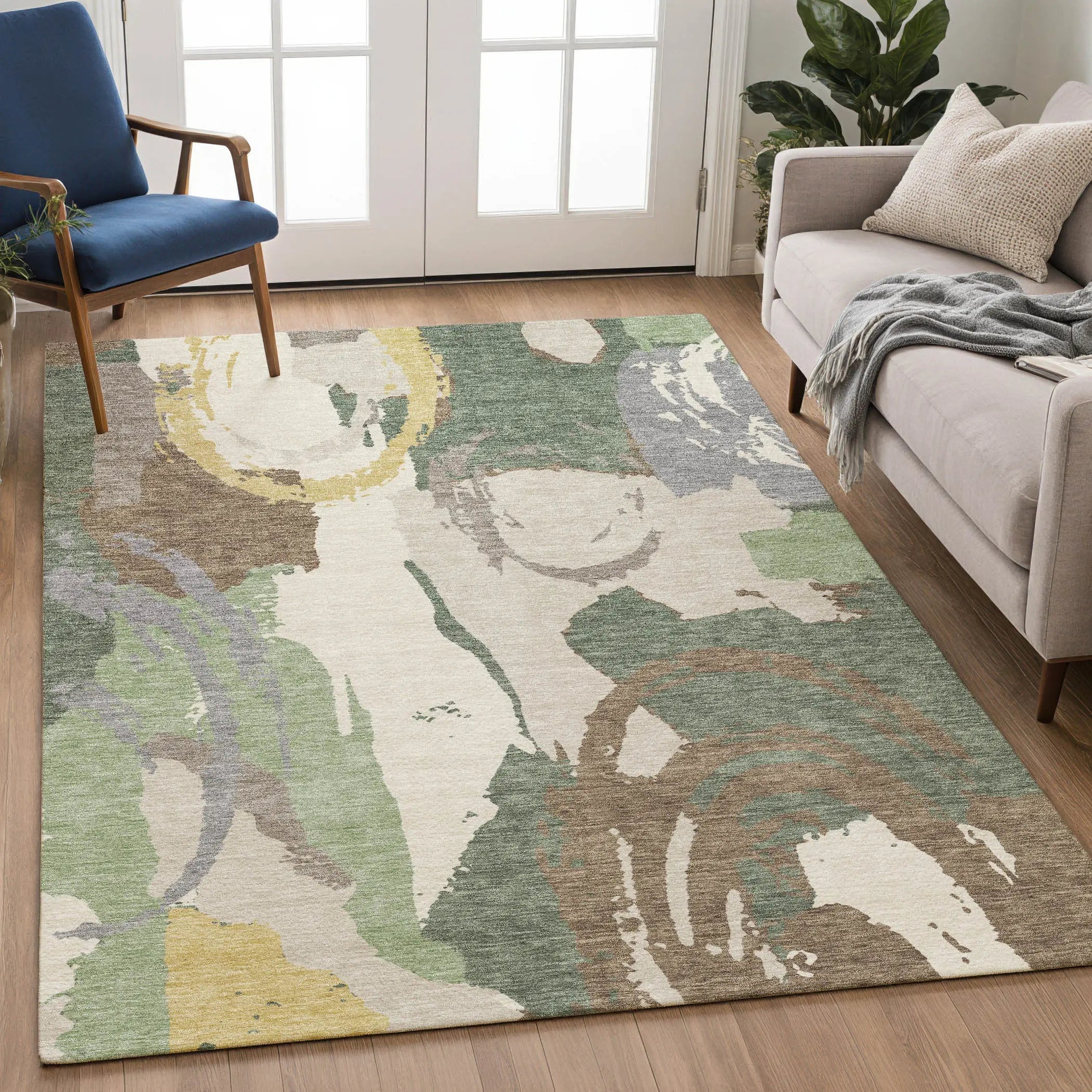 3' X 5' Green And Denim Blue Abstract Washable Indoor Outdoor Area Rug Homeroots Outdoor