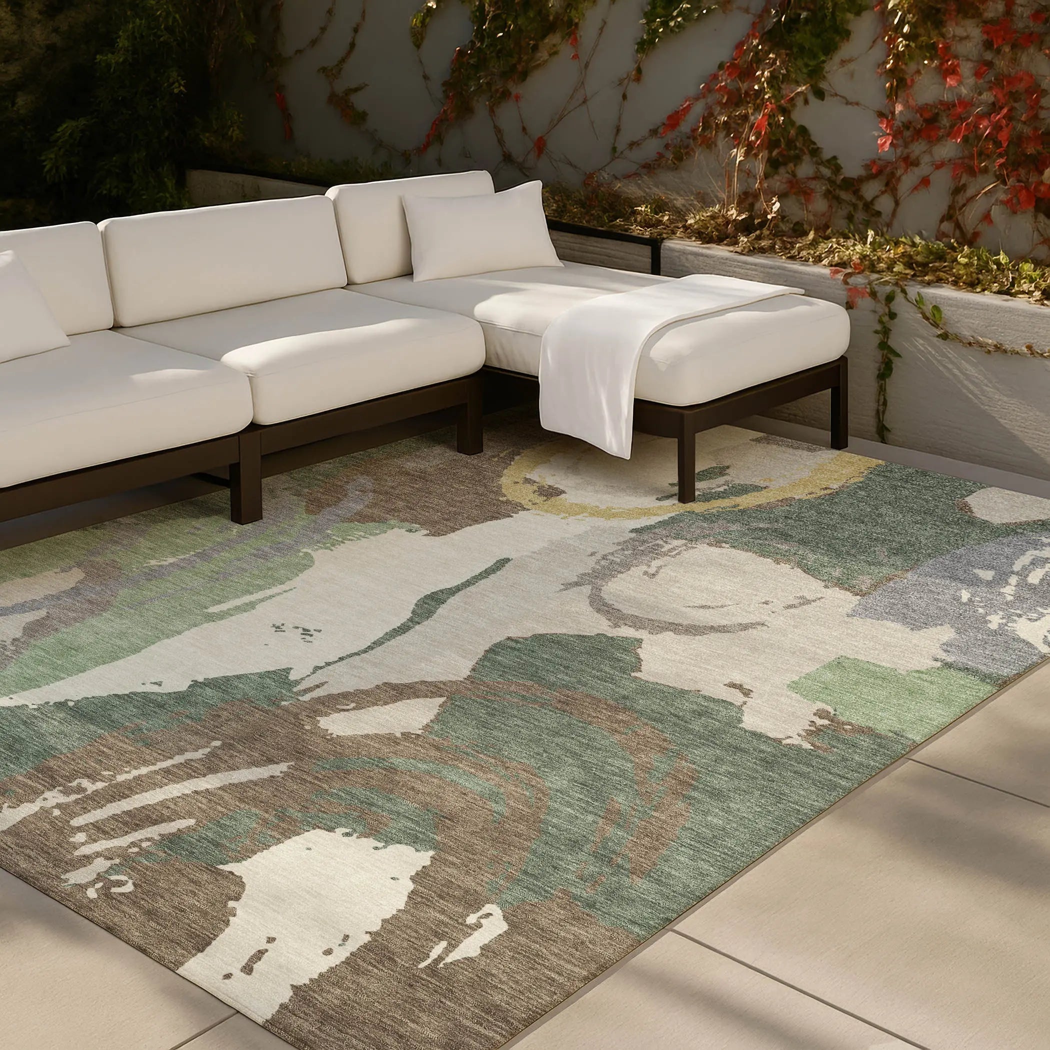 3' X 5' Green And Denim Blue Abstract Washable Indoor Outdoor Area Rug Homeroots Outdoor