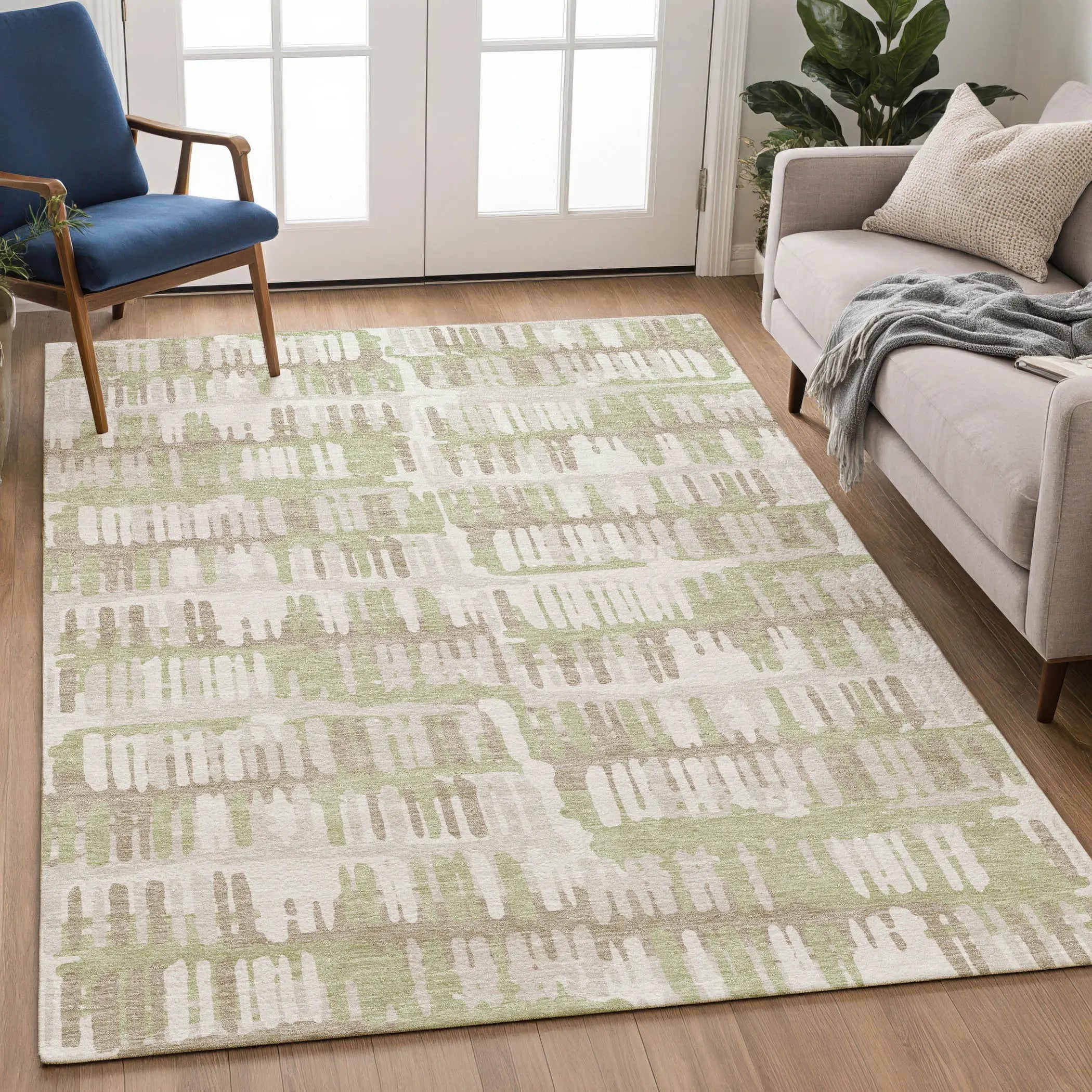 3' X 5' Green And Denim Blue Abstract Washable Indoor Outdoor Area Rug Homeroots Outdoor