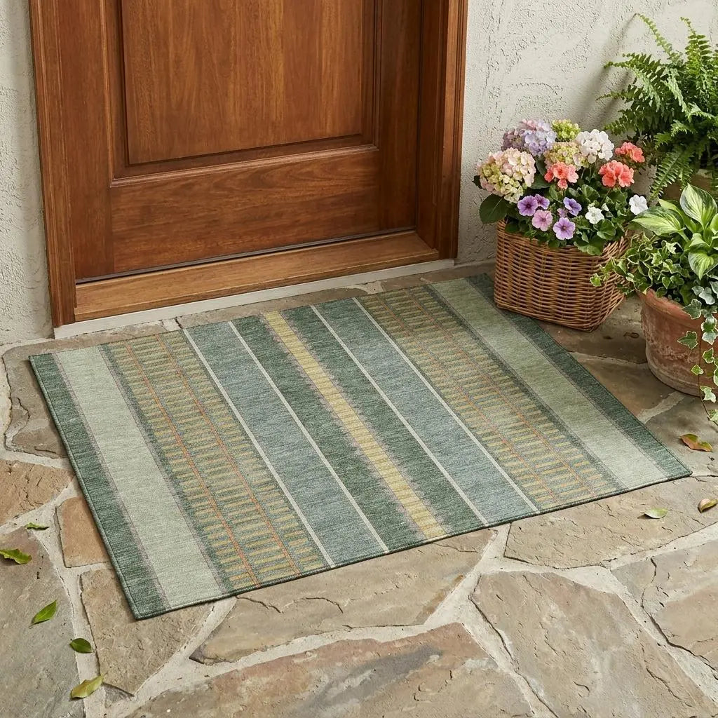 3' X 5' Green And Denim Blue Striped Washable Indoor Outdoor Area Rug Homeroots Outdoor