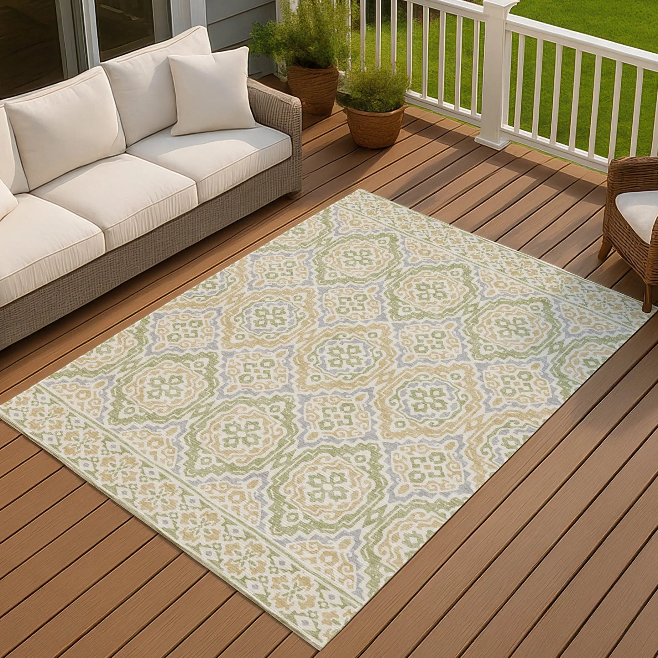 3' X 5' Green And Denim Blue Tribal Washable Indoor Outdoor Area Rug Homeroots Outdoor