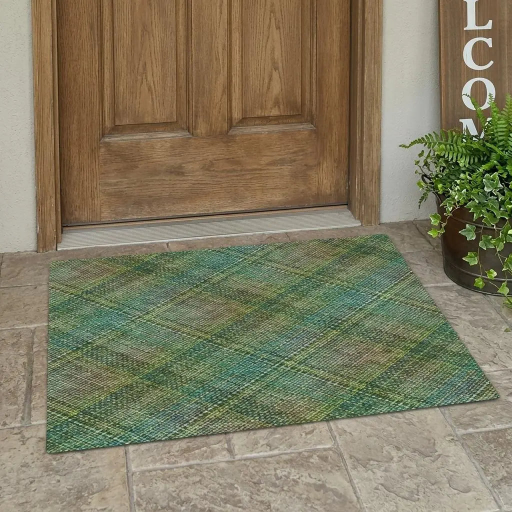 3' X 5' Green And Emerald Plaid Washable Indoor Outdoor Area Rug Homeroots Outdoor