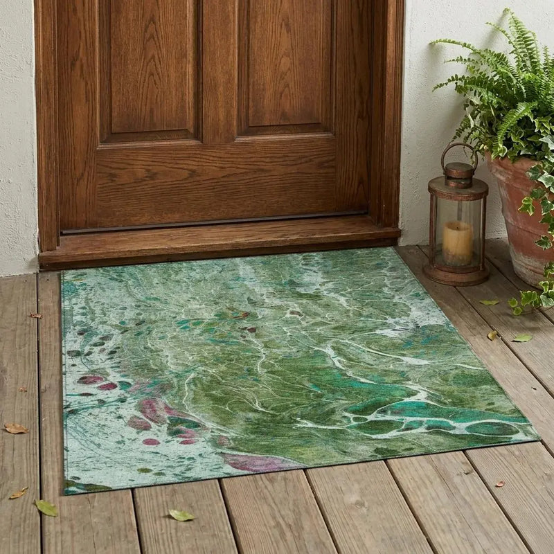 3' X 5' Green And Fern Green Abstract Washable Indoor Outdoor Area Rug Homeroots Outdoor