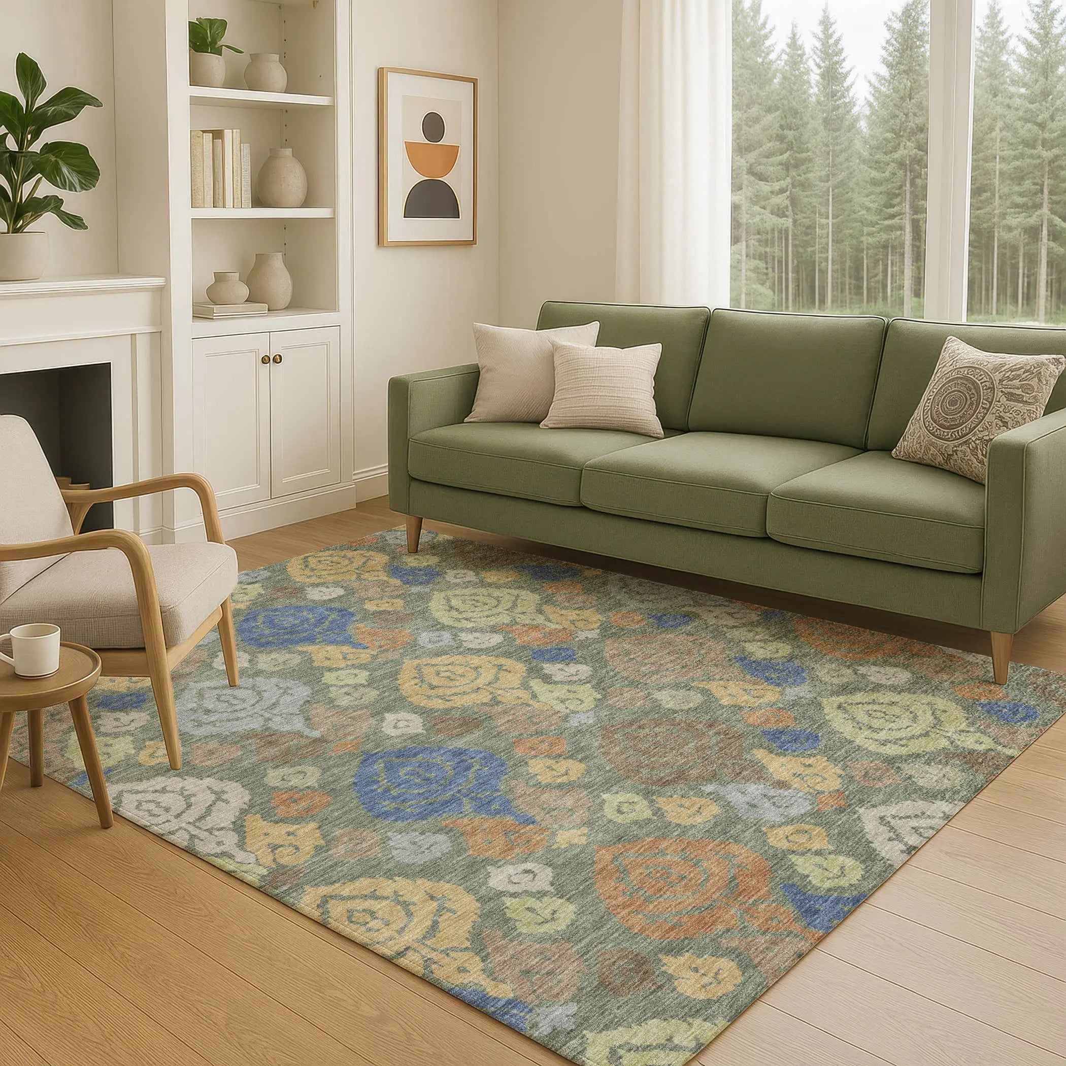 3' X 5' Green And Gold Damask Washable Indoor Outdoor Area Rug Homeroots Outdoor