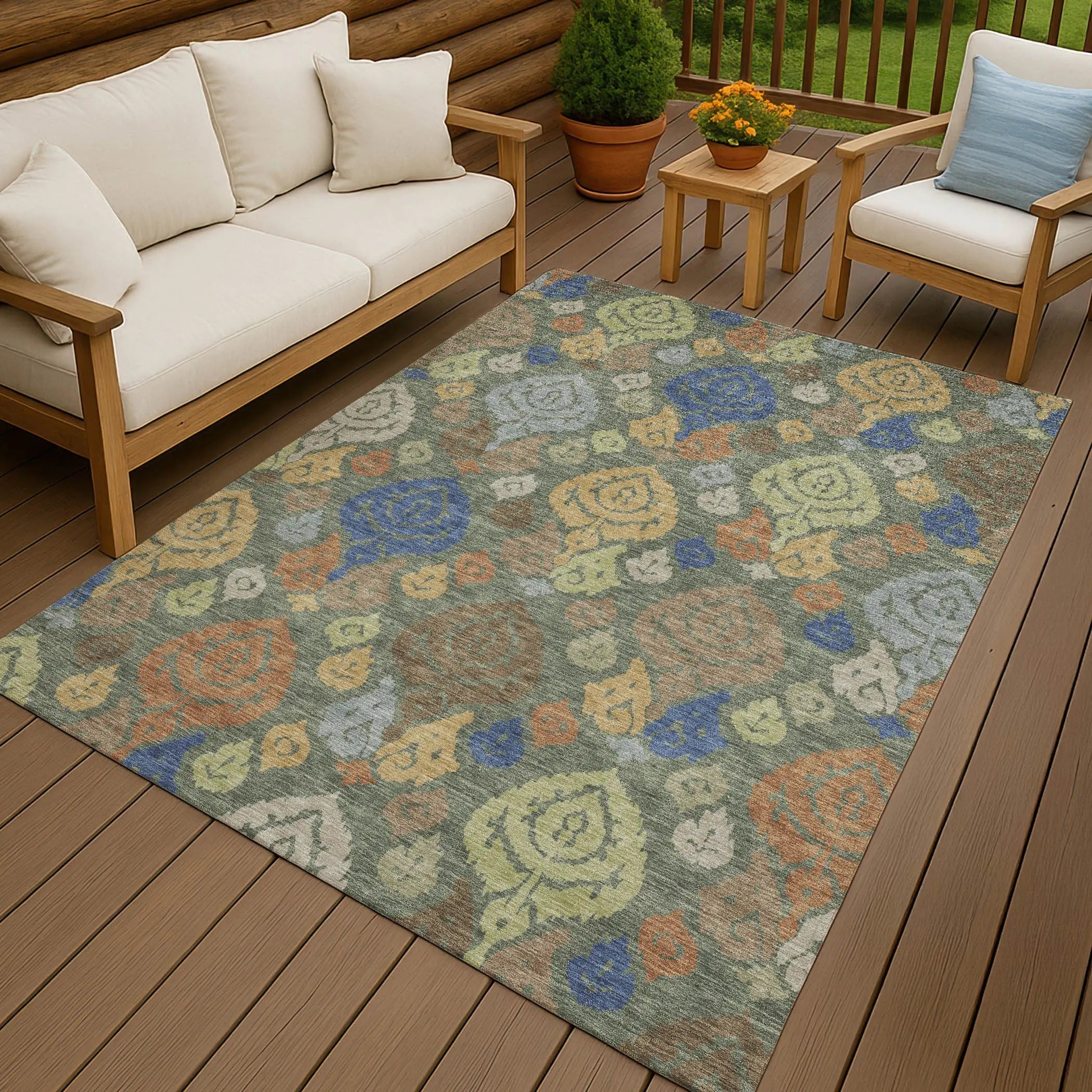 3' X 5' Green And Gold Damask Washable Indoor Outdoor Area Rug Homeroots Outdoor