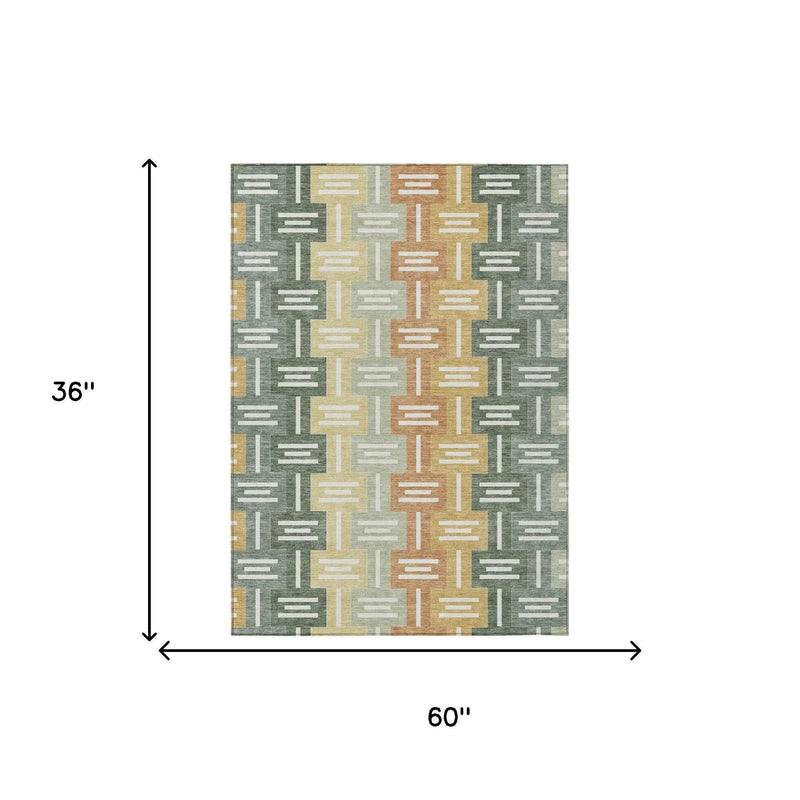 3' X 5' Green And Gold Geometric Washable Indoor Outdoor Area Rug Homeroots Outdoor
