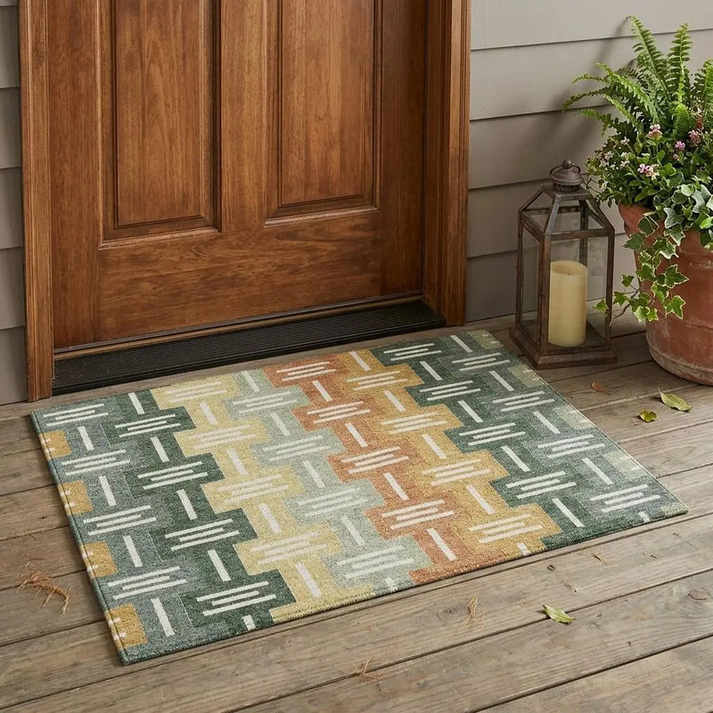 3' X 5' Green And Gold Geometric Washable Indoor Outdoor Area Rug Homeroots Outdoor
