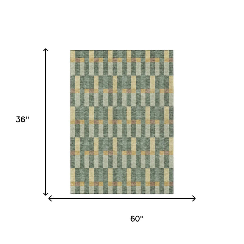 3' X 5' Green And Gold Geometric Washable Indoor Outdoor Area Rug Homeroots Outdoor