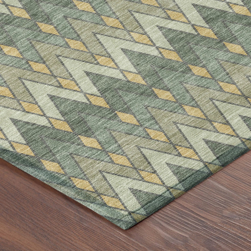 Green and yellow geometric patterned area rug made of soft, durable material, perfect for modern home decor.