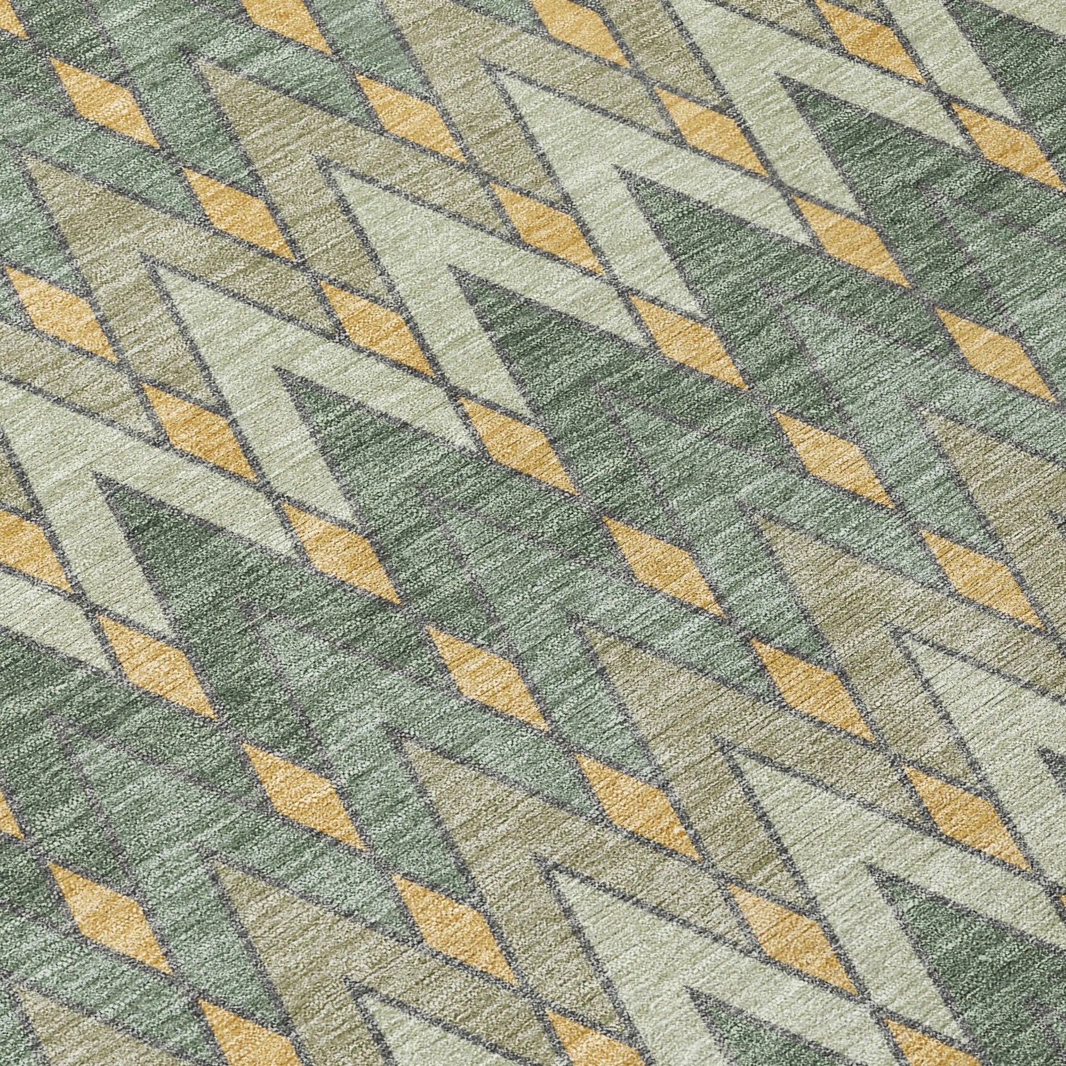 Geometric patterned area rug in green, yellow, and grey, featuring diamond shapes for a modern look.