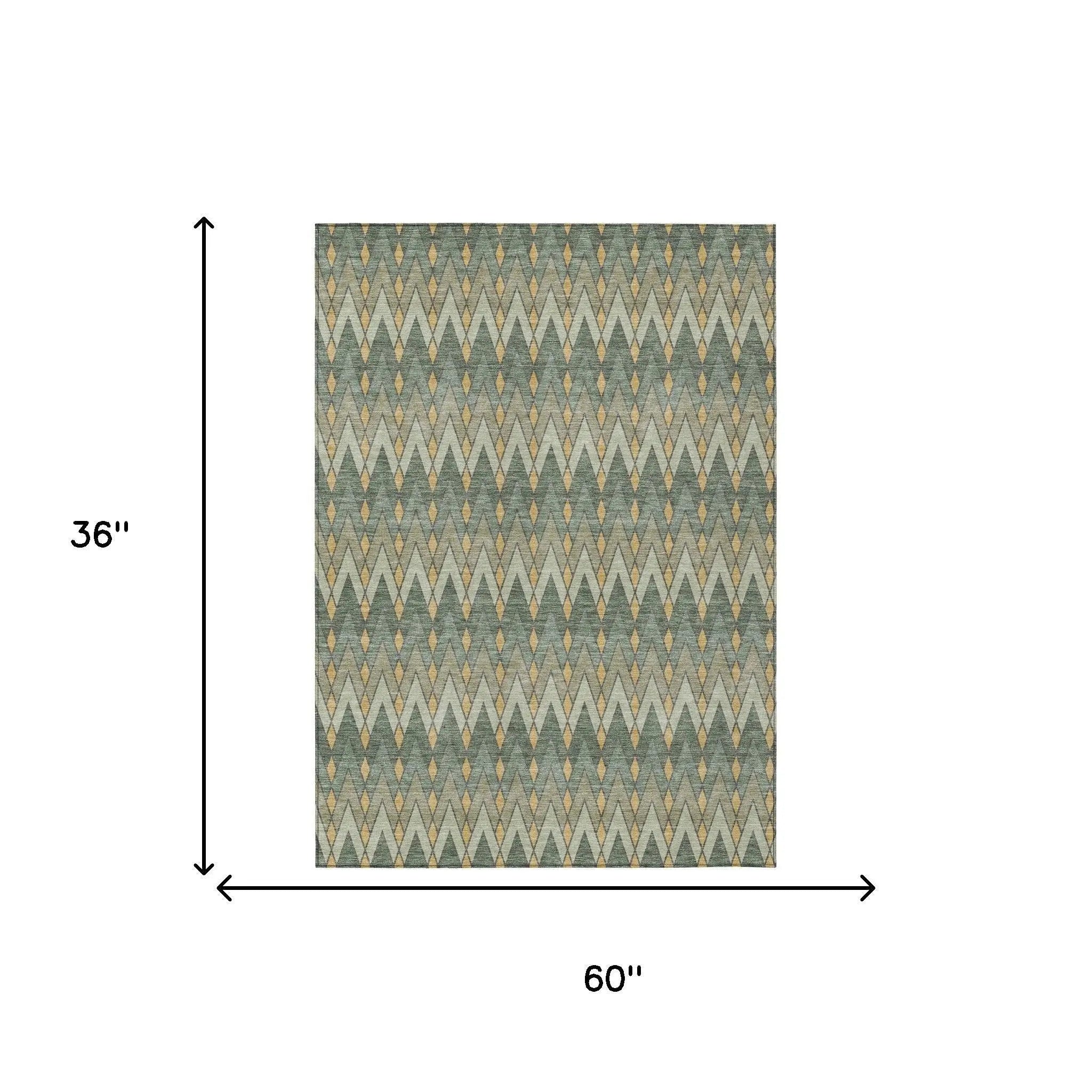 Geometric area rug in teal and gold, 60"x36", featuring a modern zigzag pattern on a soft fabric.