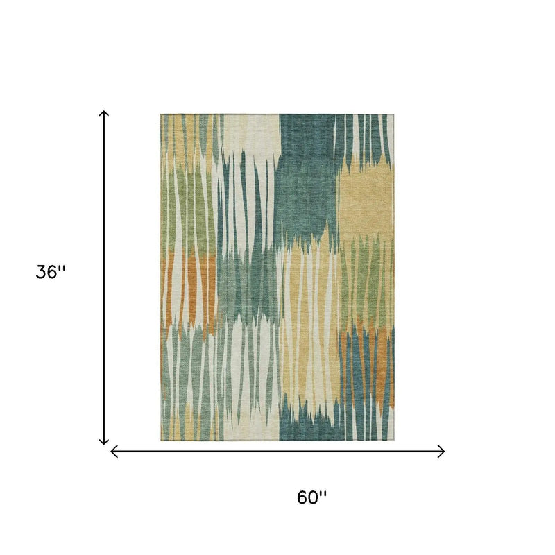 3' X 5' Green And Gold Striped Washable Indoor Outdoor Area Rug Homeroots Outdoor