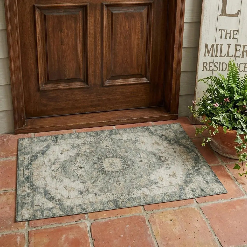 3' X 5' Green And Graphite Floral Medallion Washable Indoor Outdoor Area Rug Homeroots Outdoor