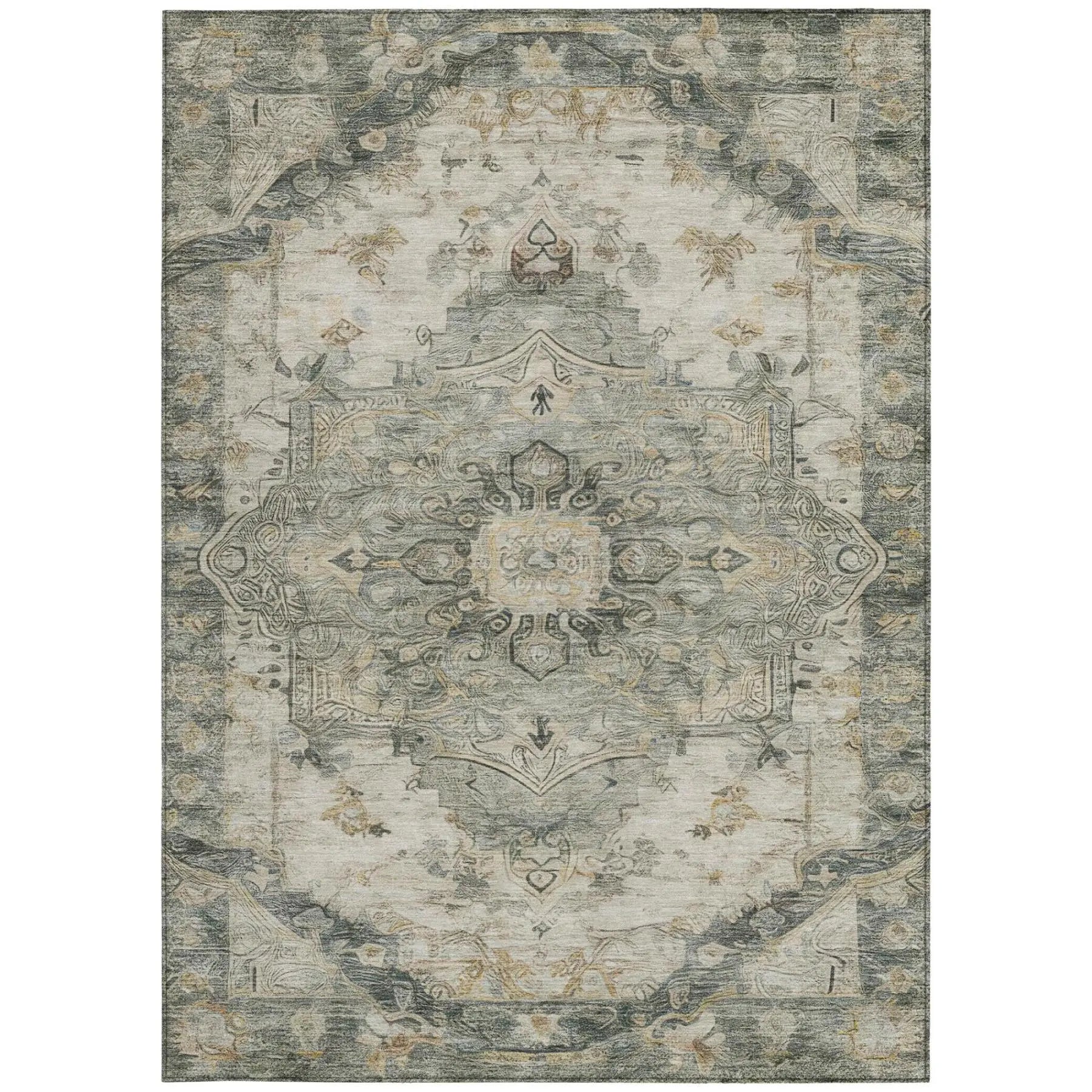 3' X 5' Green And Graphite Floral Medallion Washable Indoor Outdoor Area Rug Homeroots Outdoor