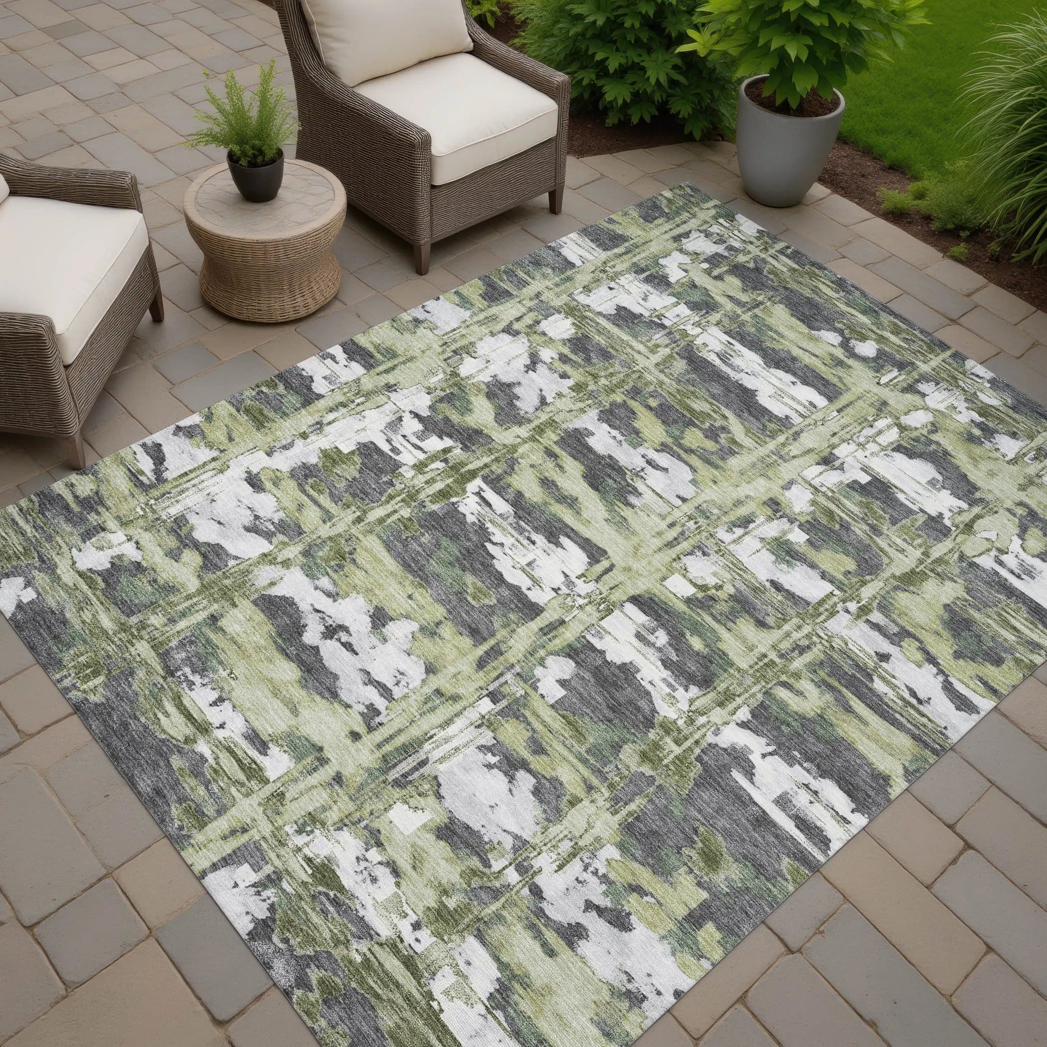 3' X 5' Green And Gray Abstract Washable Indoor Outdoor Area Rug Homeroots Outdoor