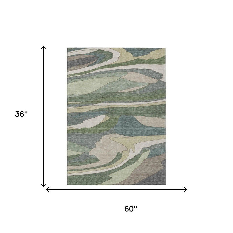 3' X 5' Green And Gray Abstract Washable Indoor Outdoor Area Rug Homeroots Outdoor