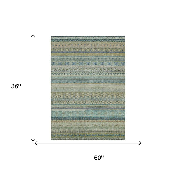 3' X 5' Green And Gray Striped Washable Indoor Outdoor Area Rug Homeroots Outdoor