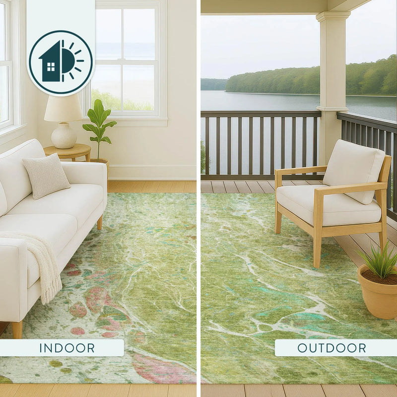3' X 5' Green And Ivory Abstract Washable Indoor Outdoor Area Rug Homeroots Outdoor