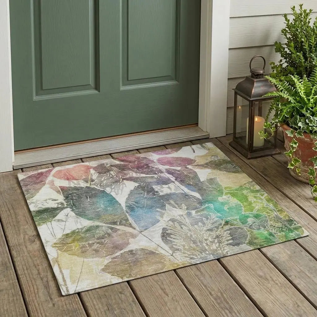 3' X 5' Green And Ivory Botanical Leaves Washable Indoor Outdoor Area Rug Homeroots Outdoor