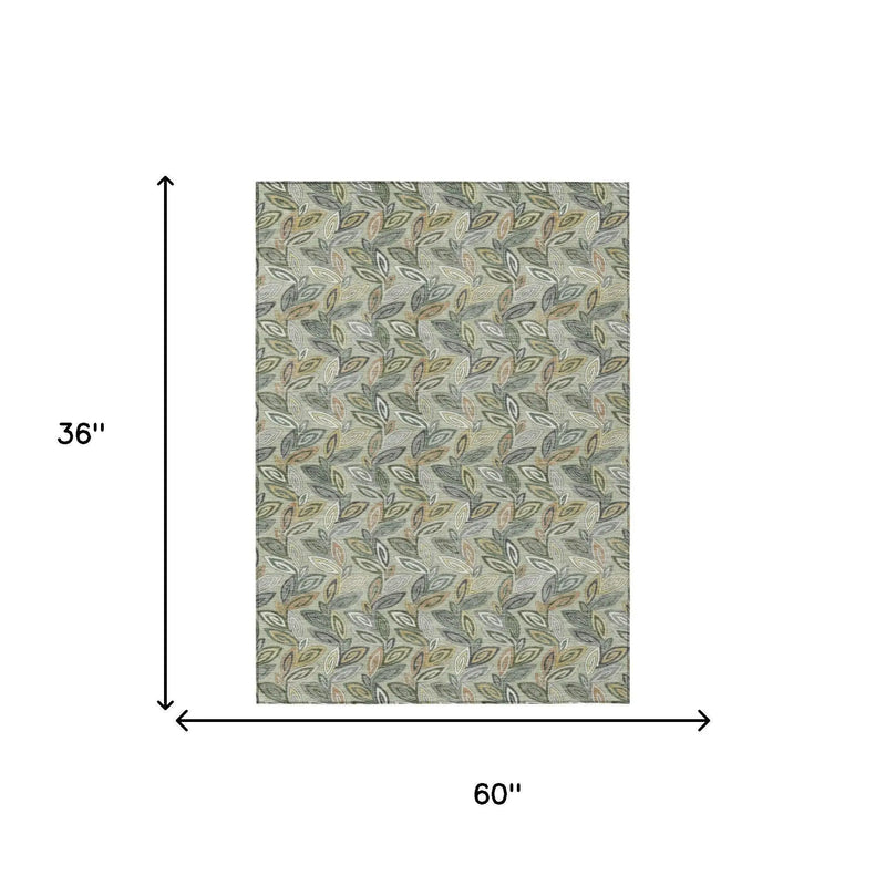 3' X 5' Green And Ivory Botanical Leaves Washable Indoor Outdoor Area Rug Homeroots Outdoor
