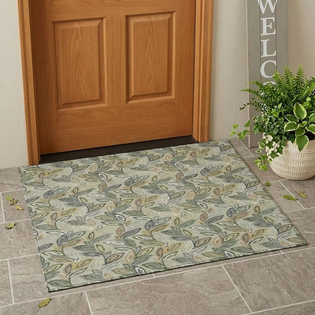 3' X 5' Green And Ivory Botanical Leaves Washable Indoor Outdoor Area Rug Homeroots Outdoor