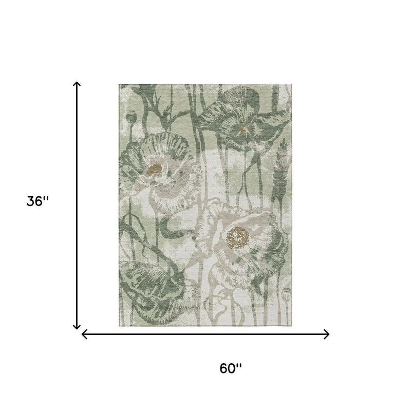 3' X 5' Green And Ivory Floral Washable Indoor Outdoor Area Rug Homeroots Outdoor