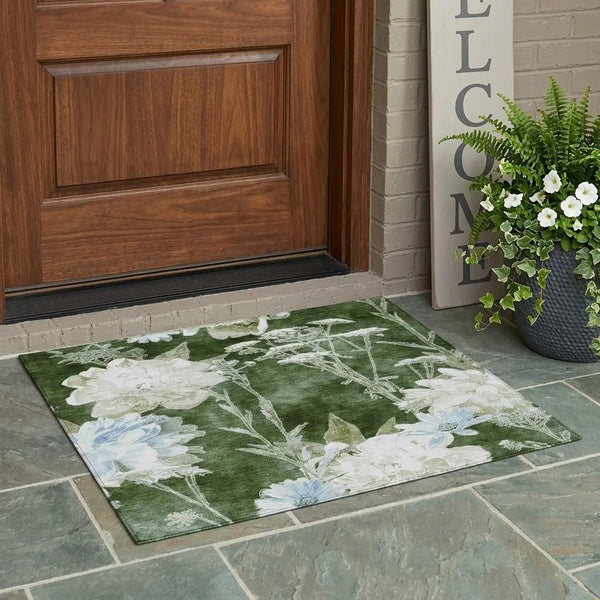 3' X 5' Green And Ivory Floral Washable Indoor Outdoor Area Rug Homeroots Outdoor