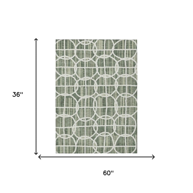 3' X 5' Green And Ivory Geometric Washable Indoor Outdoor Area Rug Homeroots Outdoor