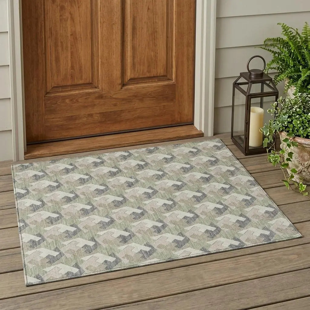 3' X 5' Green And Ivory Geometric Washable Indoor Outdoor Area Rug Homeroots Outdoor