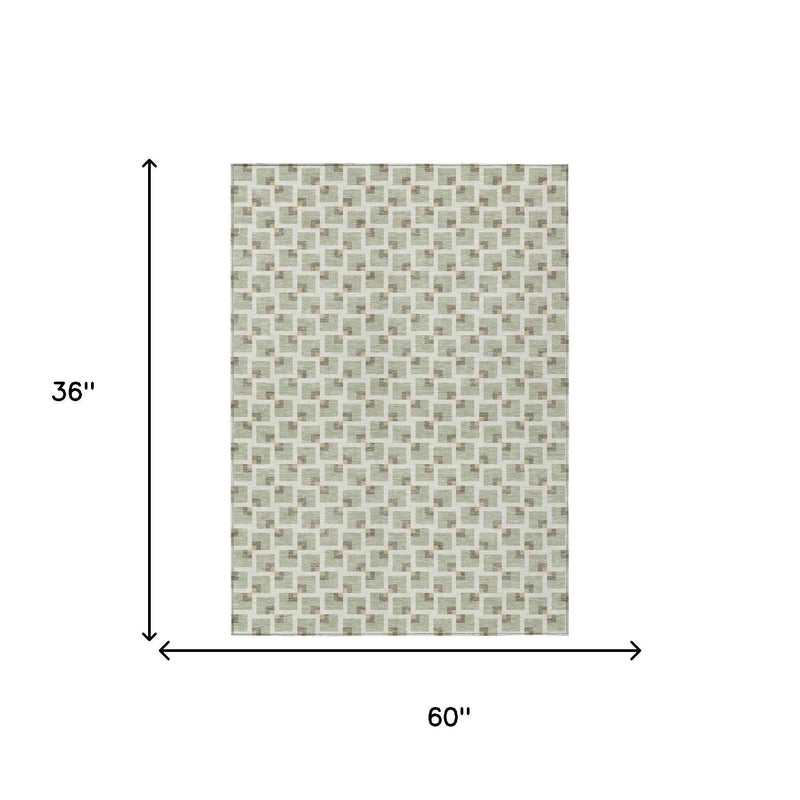 3' X 5' Green And Ivory Geometric Washable Indoor Outdoor Area Rug Homeroots Outdoor