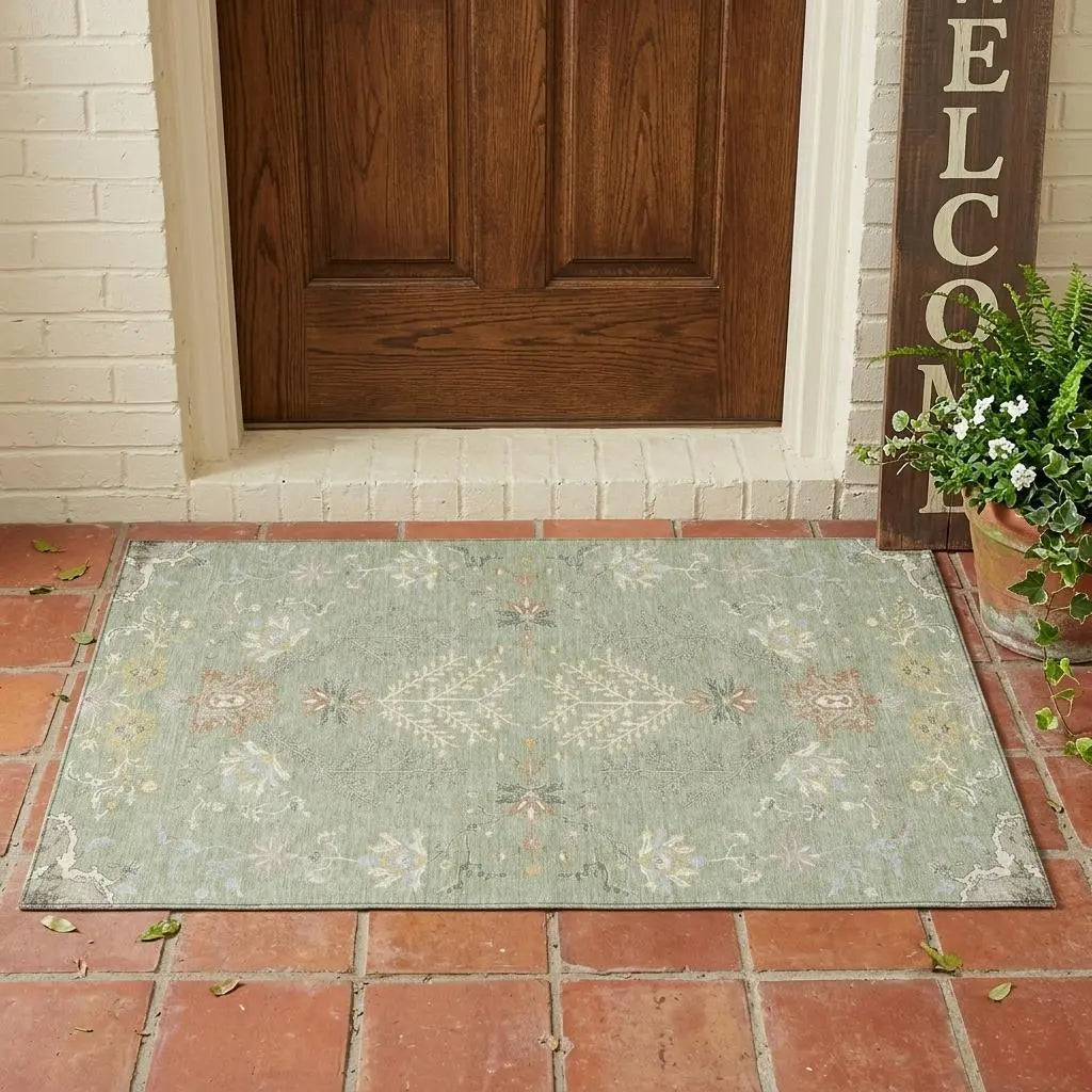 3' X 5' Green And Ivory Oriental Washable Indoor Outdoor Area Rug Homeroots Outdoor