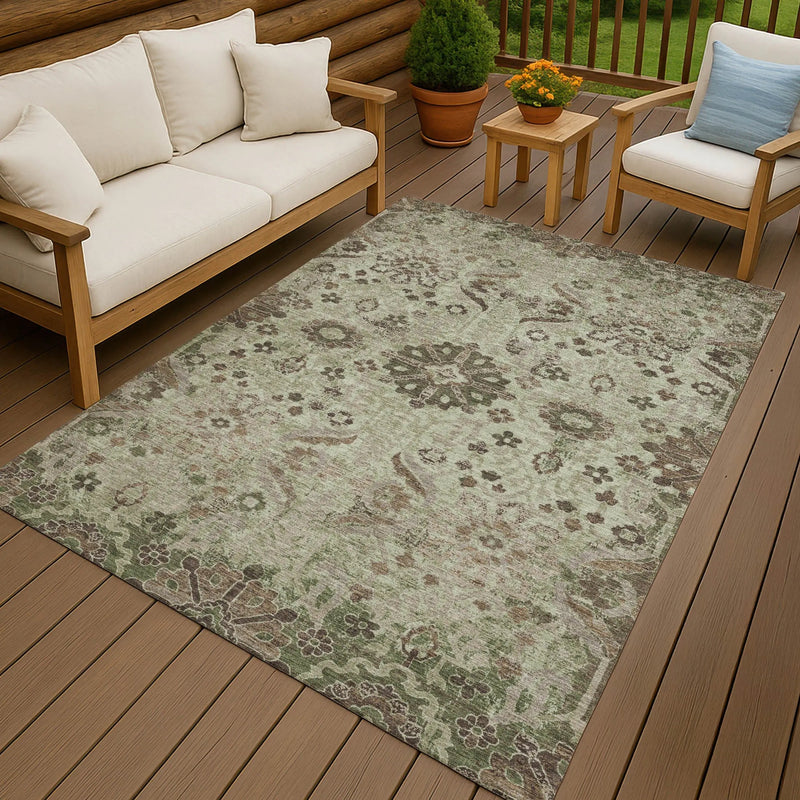3' X 5' Green And Khaki Damask Washable Indoor Outdoor Area Rug Homeroots Outdoor
