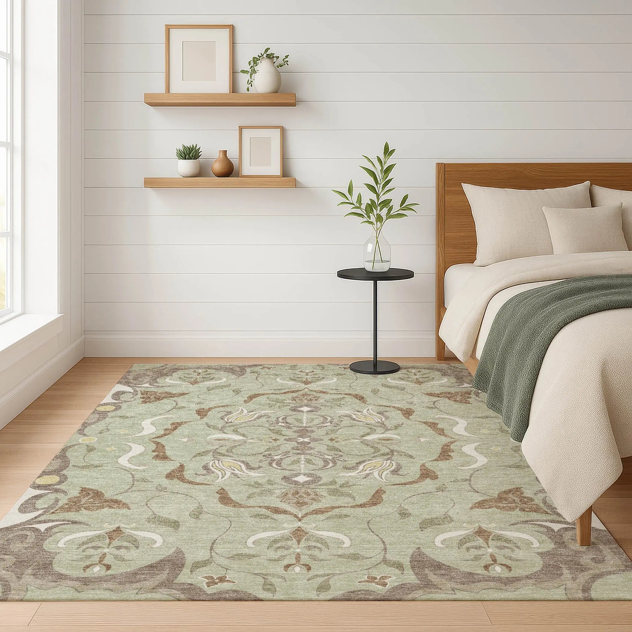 3' X 5' Green And Khaki Damask Washable Indoor Outdoor Area Rug Homeroots Outdoor