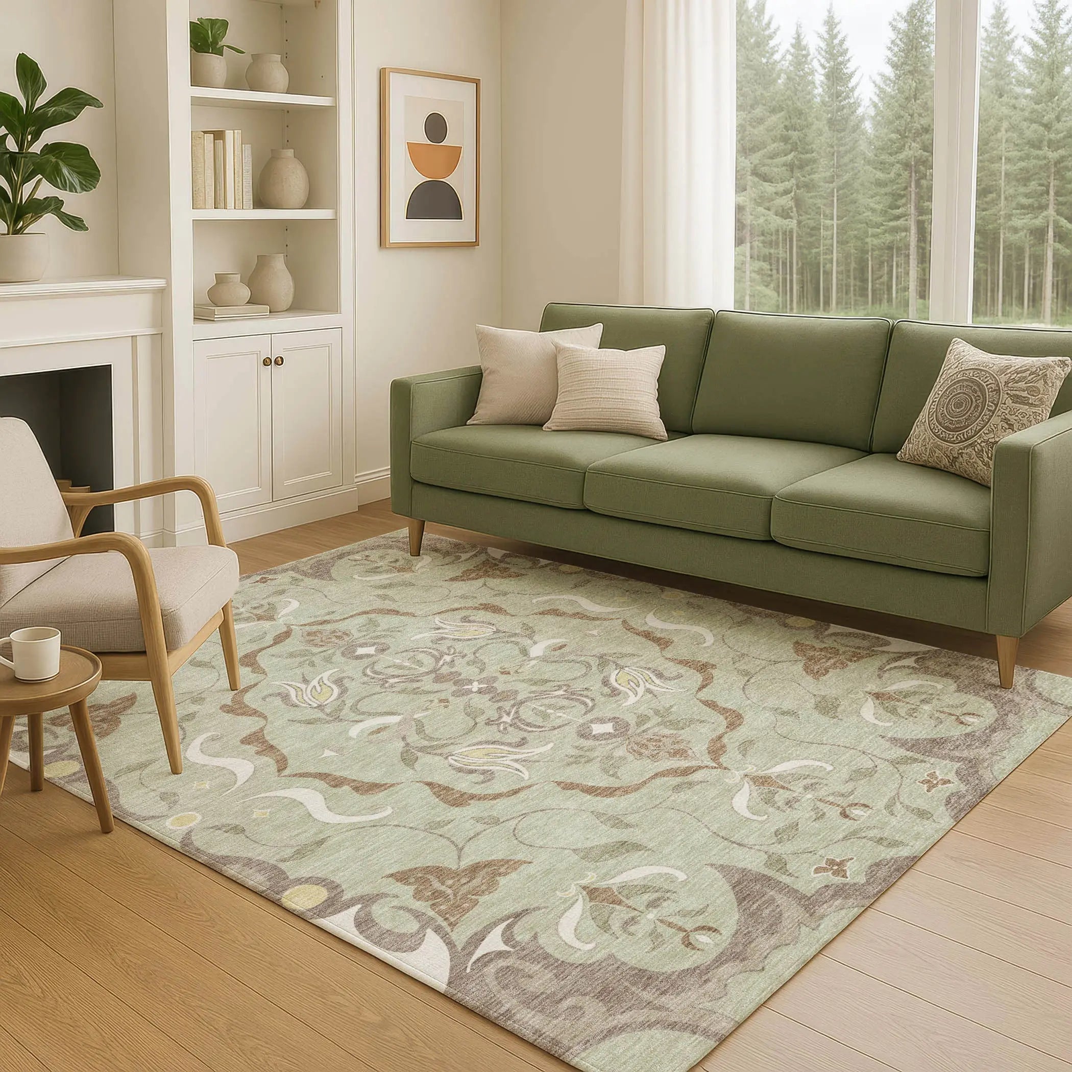 3' X 5' Green And Khaki Damask Washable Indoor Outdoor Area Rug Homeroots Outdoor