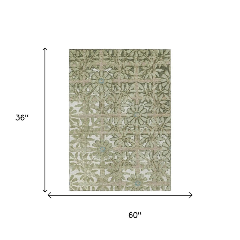 3' X 5' Green And Khaki Floral Washable Indoor Outdoor Area Rug Homeroots Outdoor