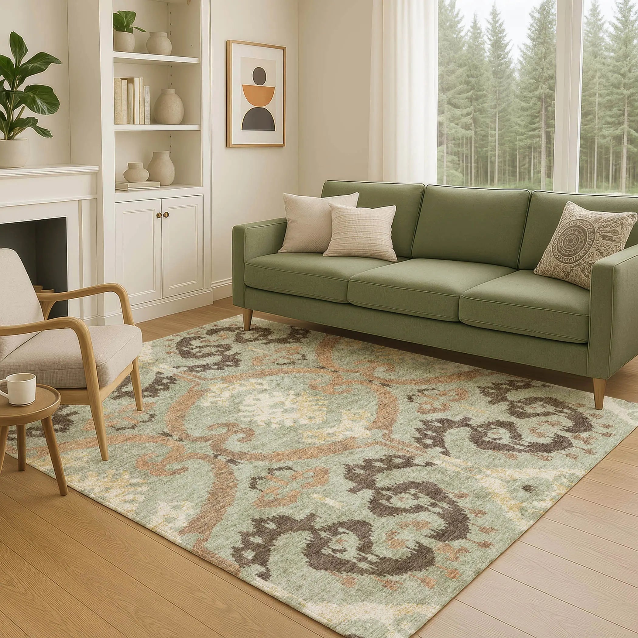 3' X 5' Green And Khaki Ikat Washable Indoor Outdoor Area Rug Homeroots Outdoor
