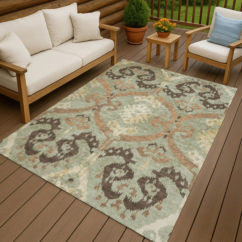 3' X 5' Green And Khaki Ikat Washable Indoor Outdoor Area Rug Homeroots Outdoor