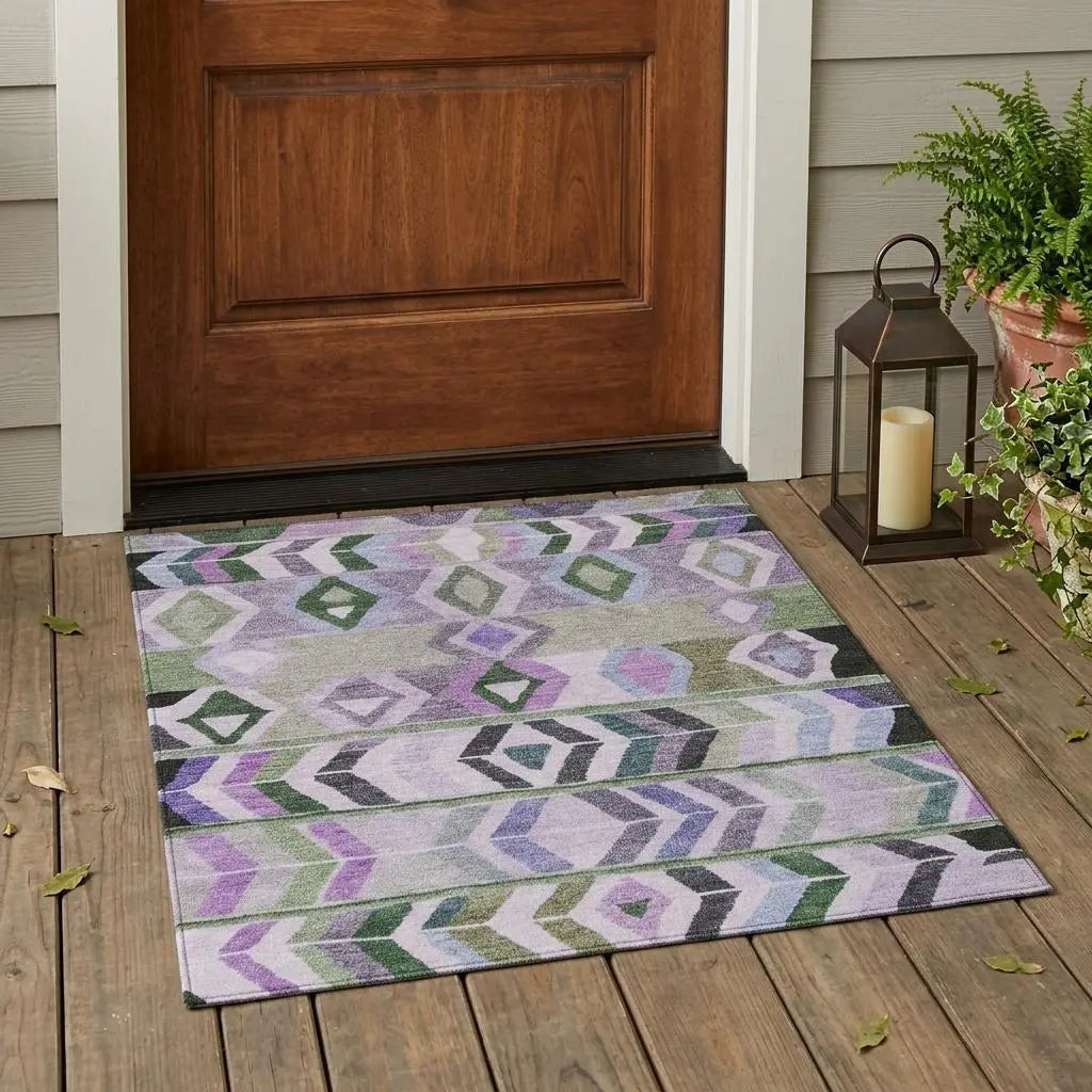 3' X 5' Green And Lavender Tribal Washable Indoor Outdoor Area Rug Homeroots Outdoor