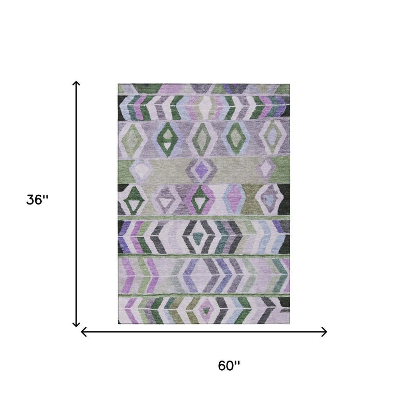 3' X 5' Green And Lavender Tribal Washable Indoor Outdoor Area Rug Homeroots Outdoor