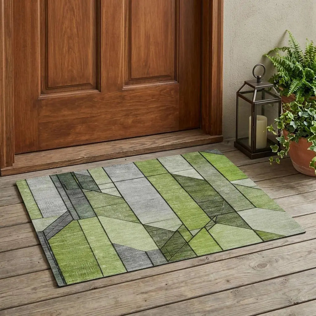 3' X 5' Green And Lime Green Geometric Washable Indoor Outdoor Area Rug Homeroots Outdoor