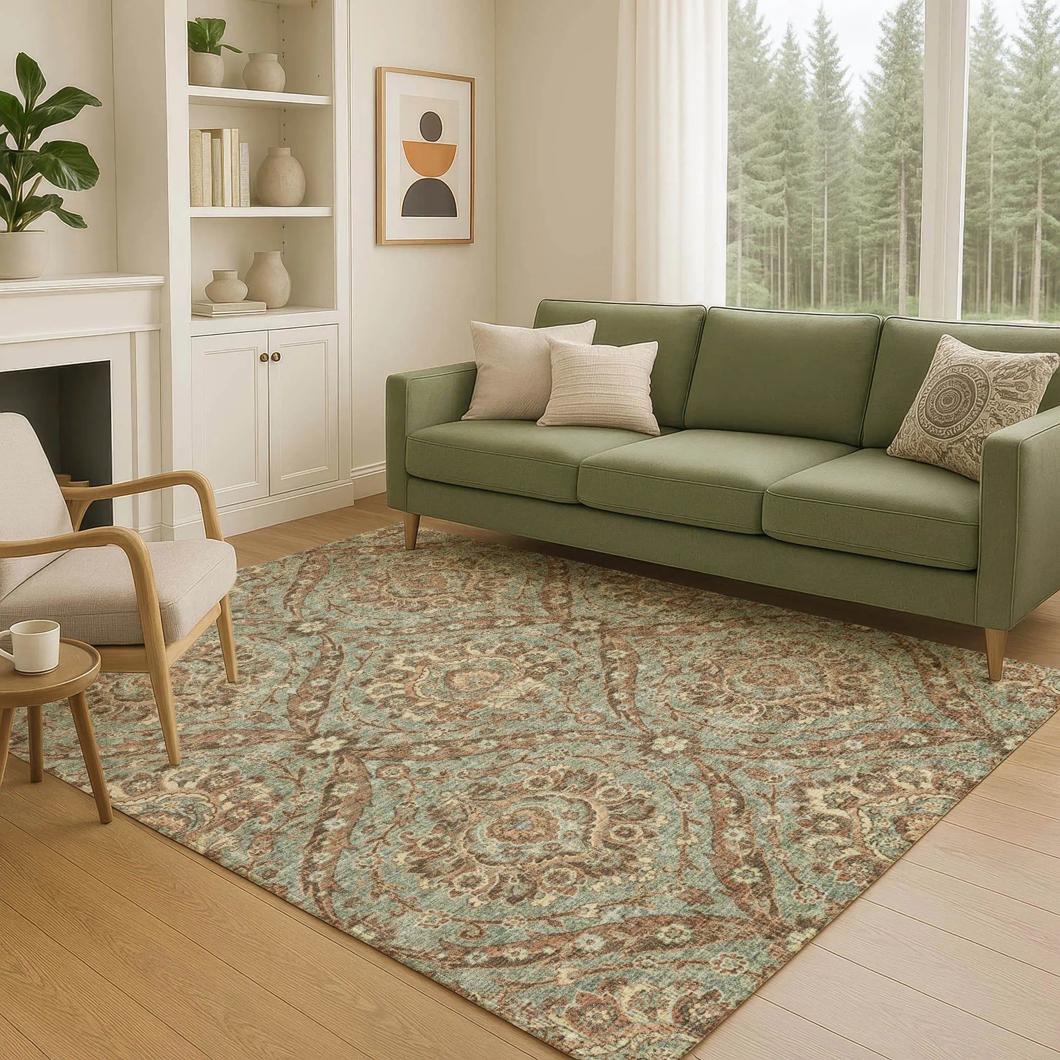 3' X 5' Green And Linen Floral Washable Indoor Outdoor Area Rug Homeroots Outdoor