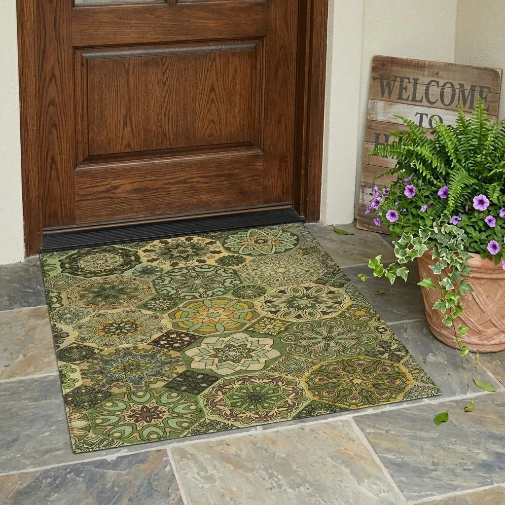 3' X 5' Green And Olive Green Patchwork Washable Indoor Outdoor Area Rug Homeroots Outdoor
