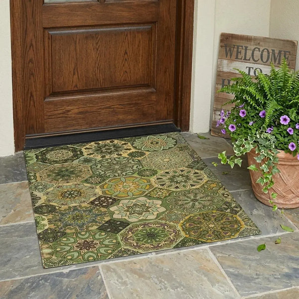 3' X 5' Green And Olive Green Patchwork Washable Indoor Outdoor Area Rug Homeroots Outdoor