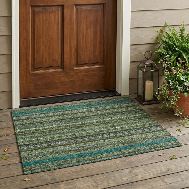 3' X 5' Green And Olive Green Striped Washable Indoor Outdoor Area Rug Homeroots Outdoor
