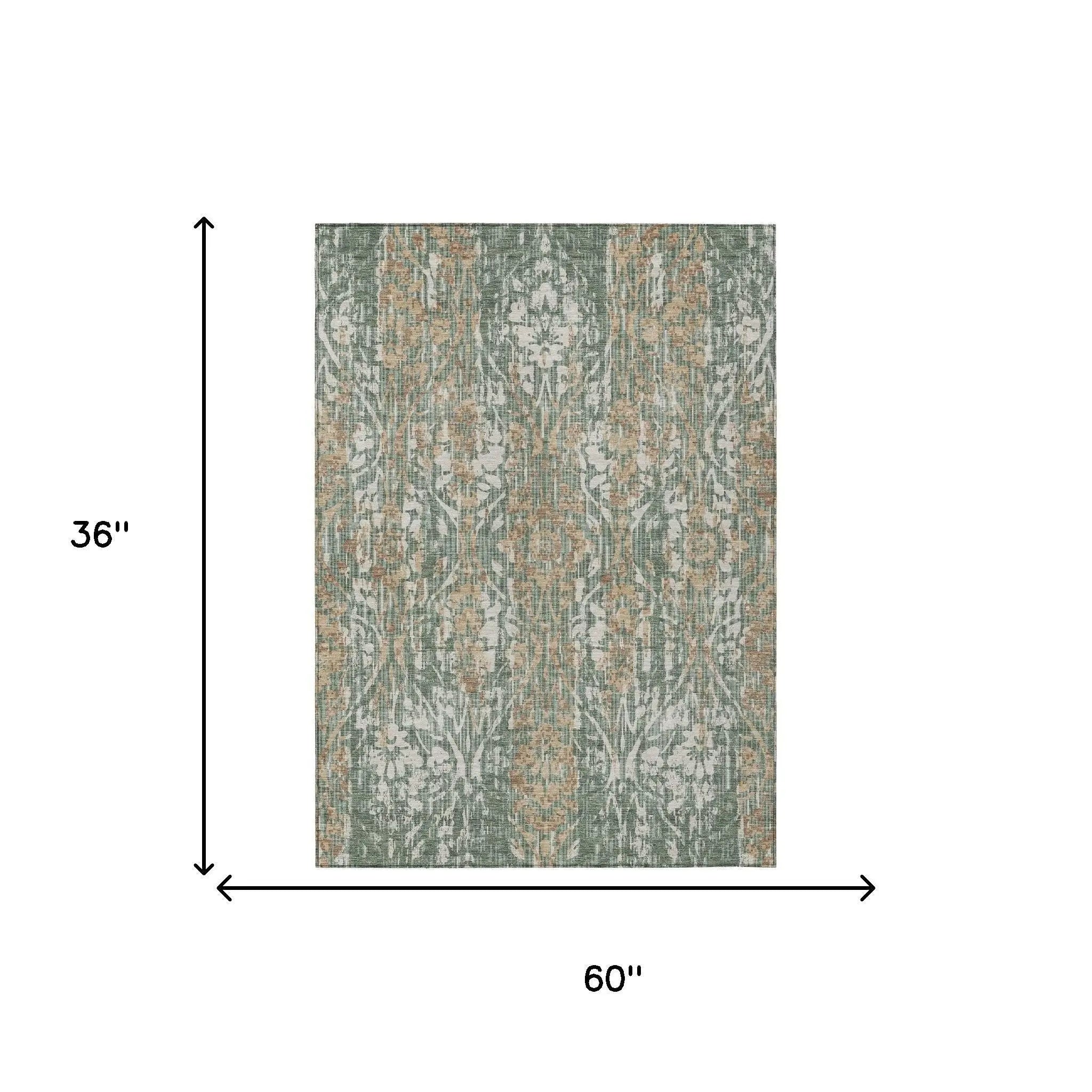 3' X 5' Green And Sage Damask Washable Indoor Outdoor Area Rug Homeroots Outdoor